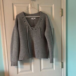 BB Dakota Charcoal Lace-Up V-Neck Sweater